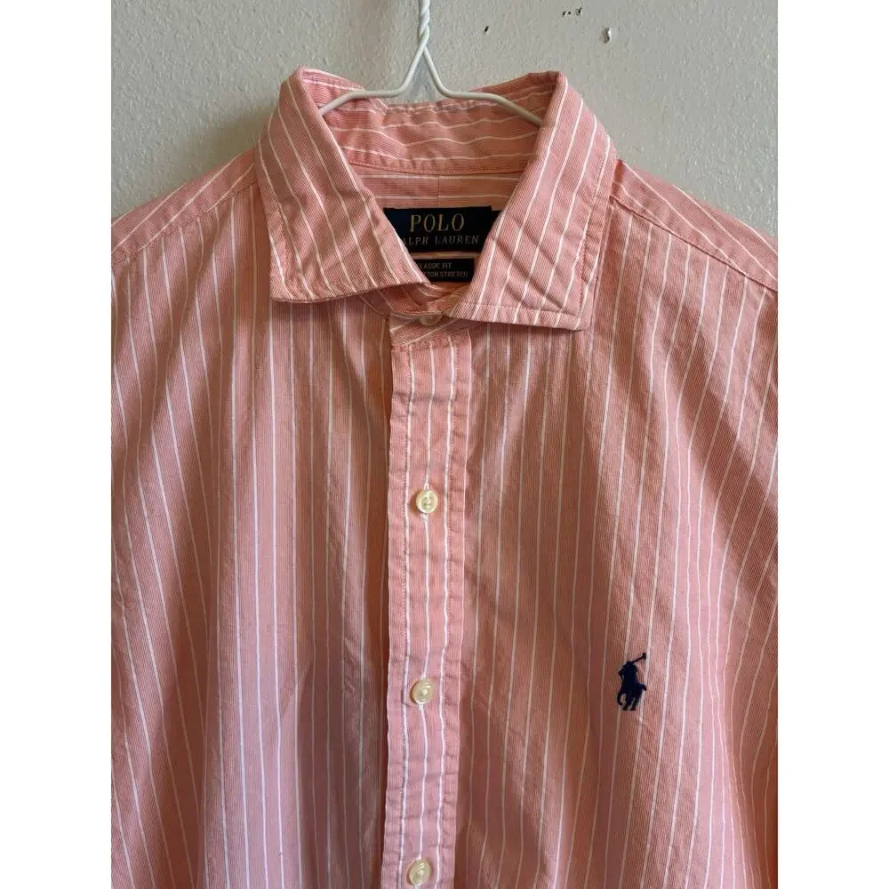 POLO Ralph Lauren Classsic Fit Button Down Shirt L Striped Peach Cotton Stretch